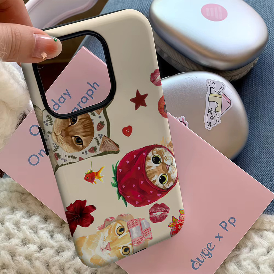 Potdemiel Handyhülle mit Erdbeer-Katzen-Collage für iPhone 17 16 15 14 13 12 Pro Max Plus, Mehrfarbig, Doppelschichtige Rückseite - Bild 4