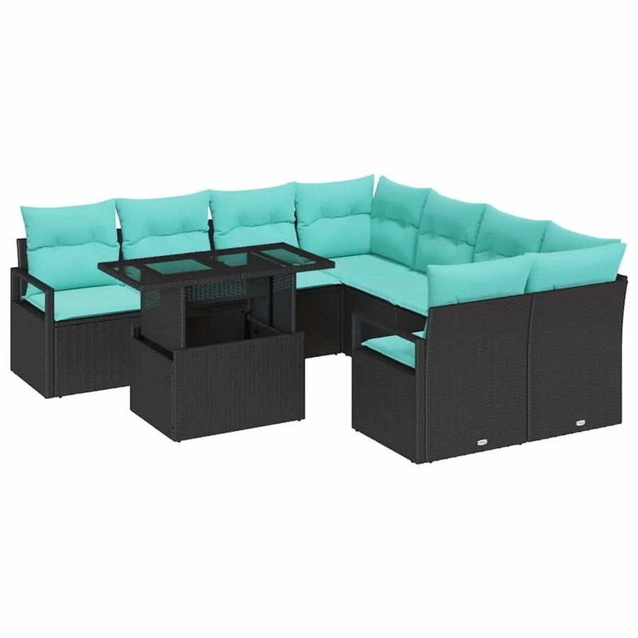 vidaXL Gartensofa-Set aus Poly-Rattan mit integriertem Speicher, 9-teilig, Schwarz und Blau - Bild 2