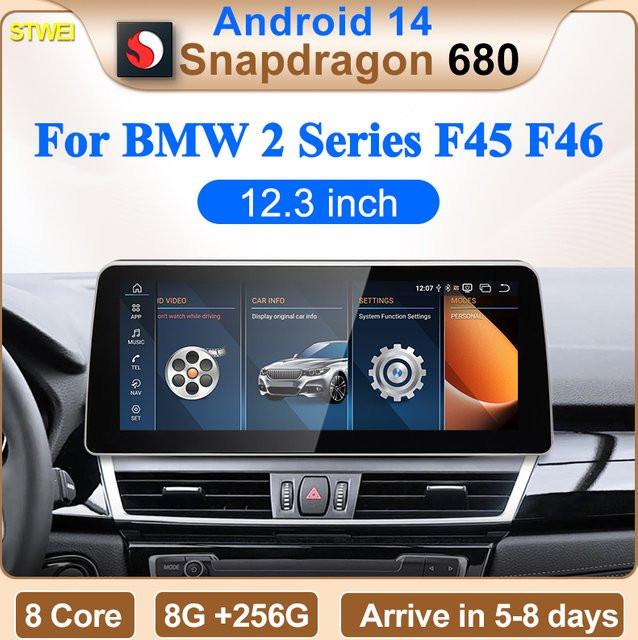 STWEI Multimedia Player für BMW 2er Serie F45 F46 mit 12,3 Zoll Display, Qualcomm Snapdragon 680, Android 14 und drahtlosem CarPlay in Schwarz - Bild 1