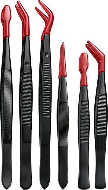 6-teiliges Pinzetten-Set aus Edelstahl mit gummierten Spitzen in Rot und Schwarz für die Schmuckherstellung und zum Stempeln - Bild 1