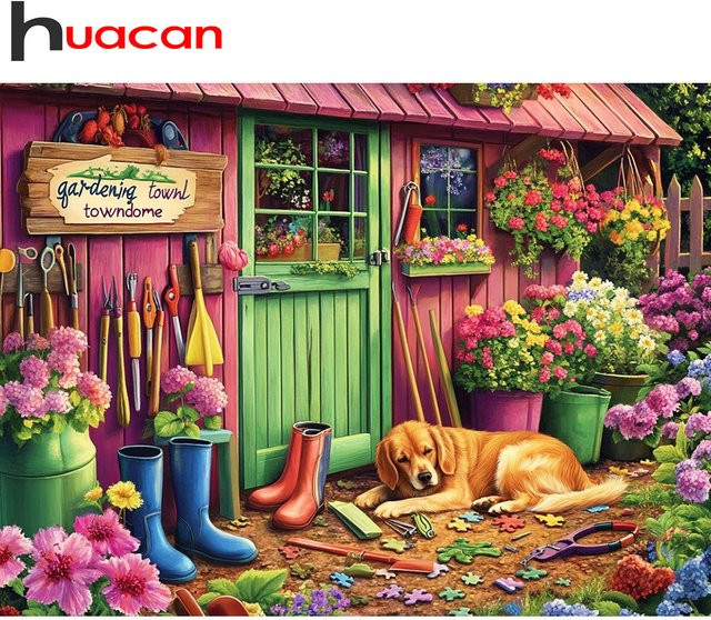 Huacan Diamantmalerei Landschaft mit Haus, Blumen und Hund als dekoratives Mosaik-Gemälde, Mehrfarbig, B/H: 30 x 20 cm - Bild 1