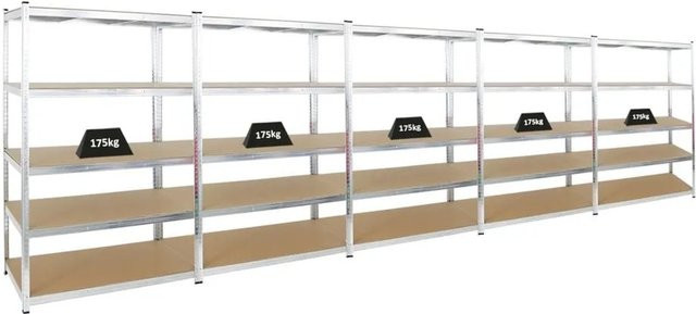 PROREGAL Ragnar Schwerlastregal Set 5 Stück, Farbe Silber, H x B x T: 180 x 120 x 60 cm, Fachlast 175 kg, mit verstellbaren MDF-Holzplatten - Bild 1