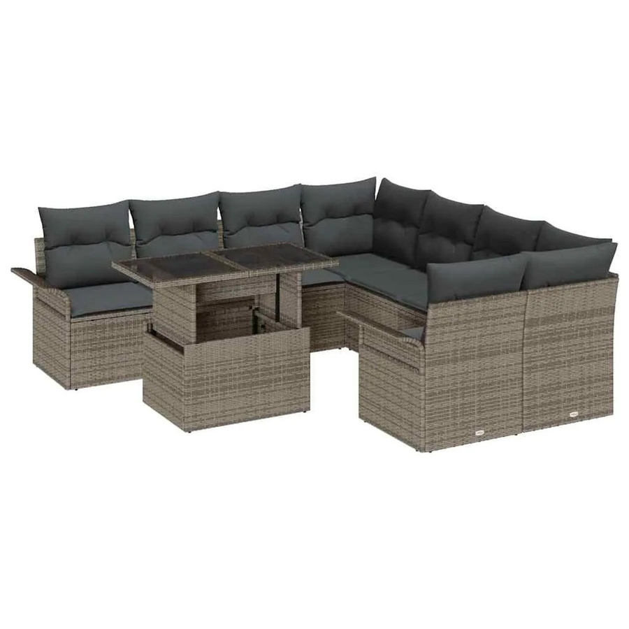 vidaXL Garten-Sofa-Set aus Poly Rattan in Grau mit 9 Teilen, Polsterkissen und integriertem Stauraum - Bild 2