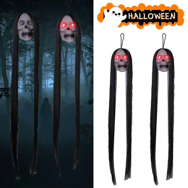 Trebalena Halloween Hängegeister-Requisite in Weiß mit leuchtendem Geisterkopf und langen Haaren aus Kunststoff für deine Spukhaus- und Fluchtraumdekoration - Bild 1
