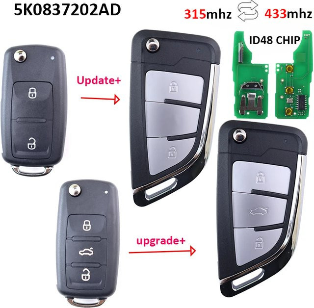 Auto Schlüssel Fernbedienung mit ID48 Chip für Volkswagen Caddy Eos Golf Jetta Beetle Polo Up Tiguan Kombi Touran, Farbe: Schwarz - Bild 1