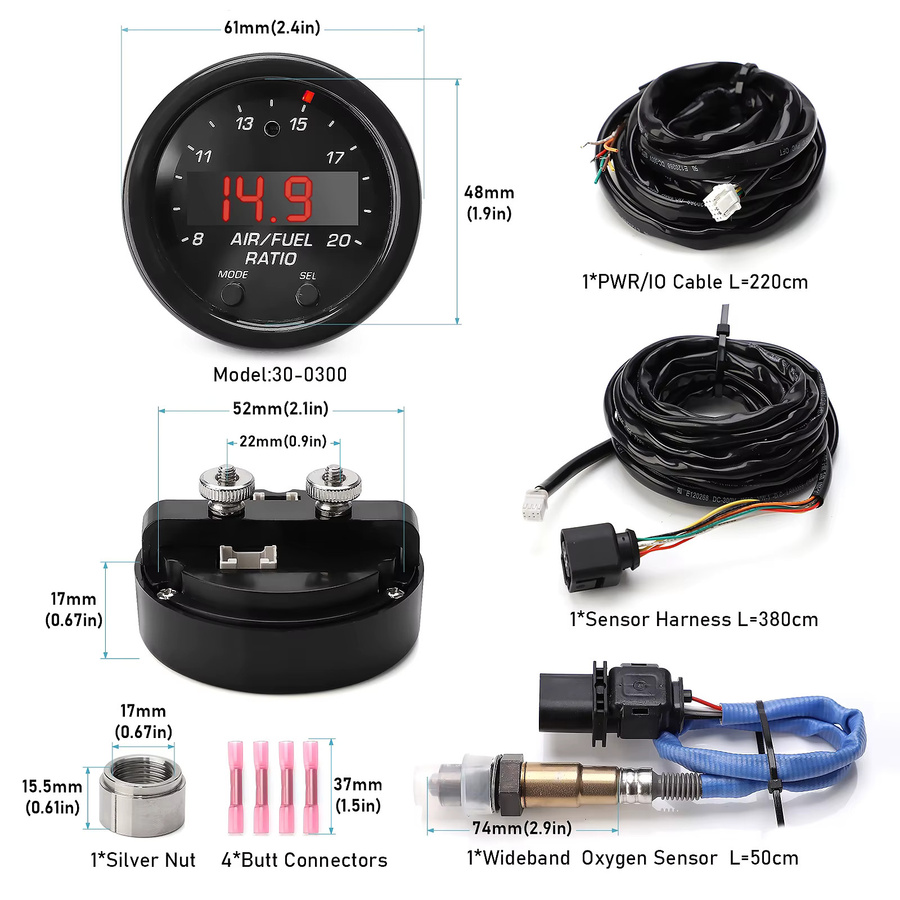 CNSPEED X-Serie Breitband O2 Luft-Kraftstoff-Verhältnis Gauge Kit EM 30-0300 mit LSU 4,9 Sauerstoffsensor in Schwarz - Bild 3