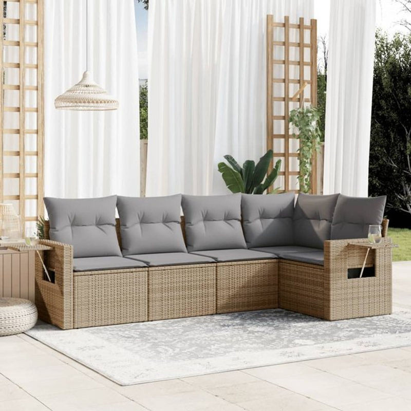 Vidaxl Gartenmöbel-Set aus Polyrattan mit 5 Teilen und Kissen in Beige - Bild 1