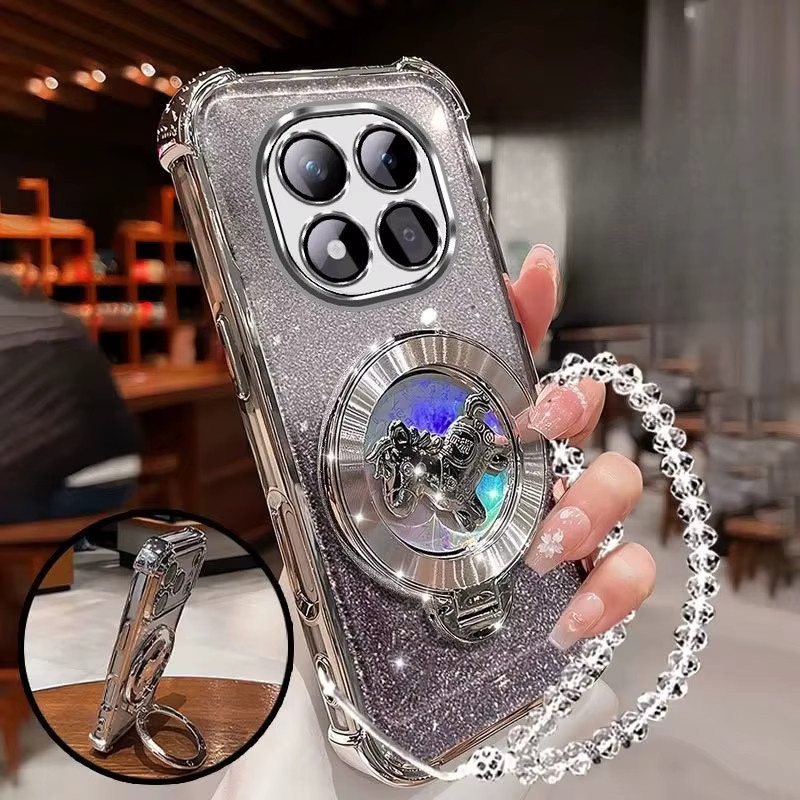 Glitzernde und stoßfeste Handyhülle mit Pony-Halterung für Xiaomi Redmi Note 15 14 14S 13 13R 12 11 10 9 Pro Plus 4G 5G in Pink und Silber - Bild 2