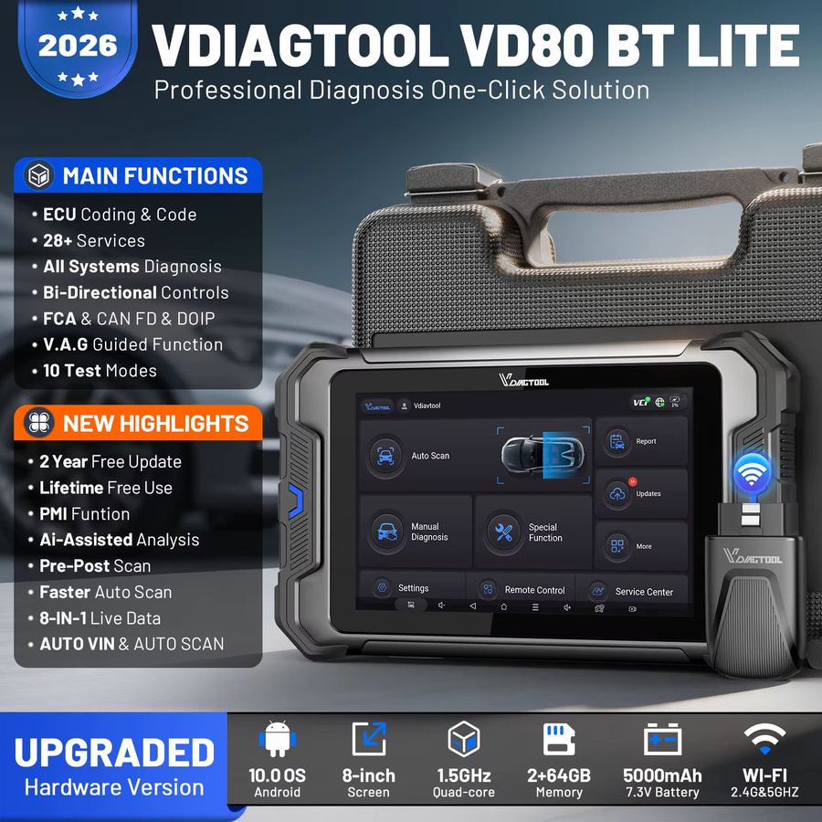 VDIAGTOOL VD80BT LITE 8 Zoll Auto-Diagnosegerät in Schwarz mit bidirektionalem OBD2-Scanner, ECU-Codierung und 28 Reset-Funktionen für FCA, CAN FD und DOIP - Bild 2