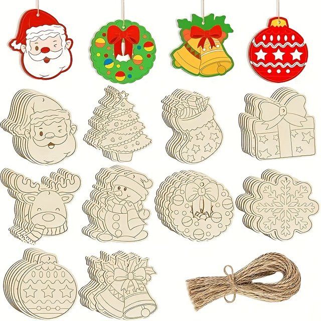 DUTRIEUX Weihnachtsschmuck aus Holz Set mit Socken, Glocken und Schneeflocken, 80 Stück inklusive 20 m Juteseil zur DIY Hängedekoration - Bild 1