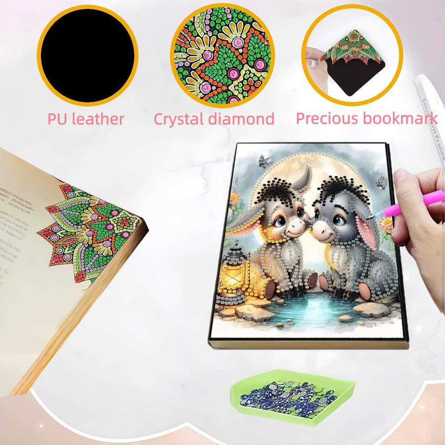2er-Set Diamond-Painting-Notizbuch mit Lesezeichen aus PU-Leder im Esel-Design, mehrfarbig - Bild 3