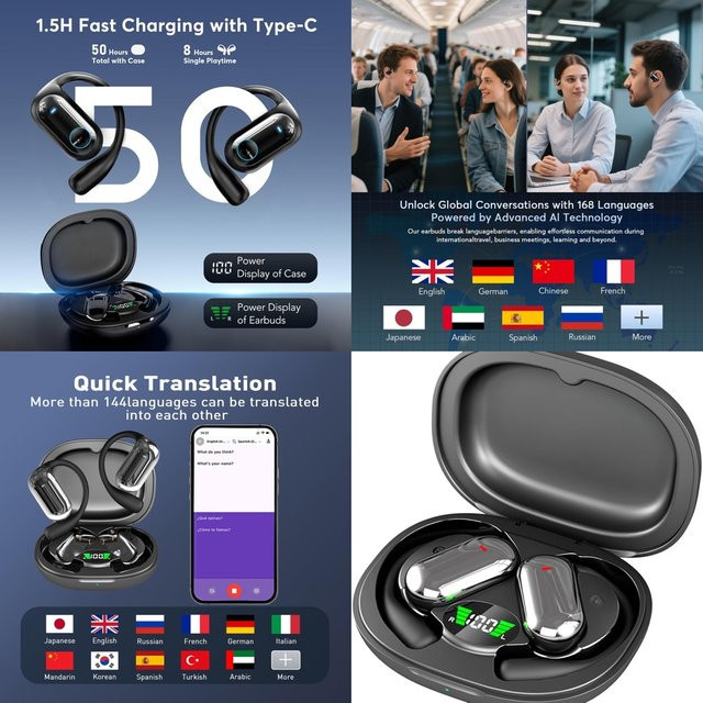 UYUXIO OWS KI-Sprachübersetzer Echtzeit-Übersetzungs-Ohrhörer In-Ear Kabellose Kopfhörer für iPhone und Android in Schwarz mit 144 Online-Sprachen - Bild 1