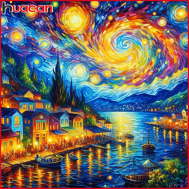 Huacan Diamantmalerei Set Landschaft mit Sternenhimmel Haus und Fluss, Rund, Mehrfarbig, B/H: 20 x 20 cm - Bild 1