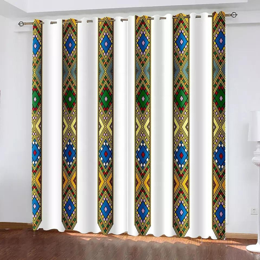 Yiran Furniture Vorhangset mit Fliesendesign in Multicolour, traditionell äthiopische und eritreische Dekoration aus halbtransparentem Polyester, B: 100 cm, H: 160 cm - Bild 1
