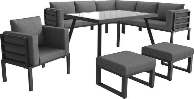 okwish Gartensofa-Set Halbmond-förmig für 8 Personen in Grau mit Eisengestell, Couchtisch, Sesseln und Hockern inklusive Sitz- und Rückenkissen - Bild 1