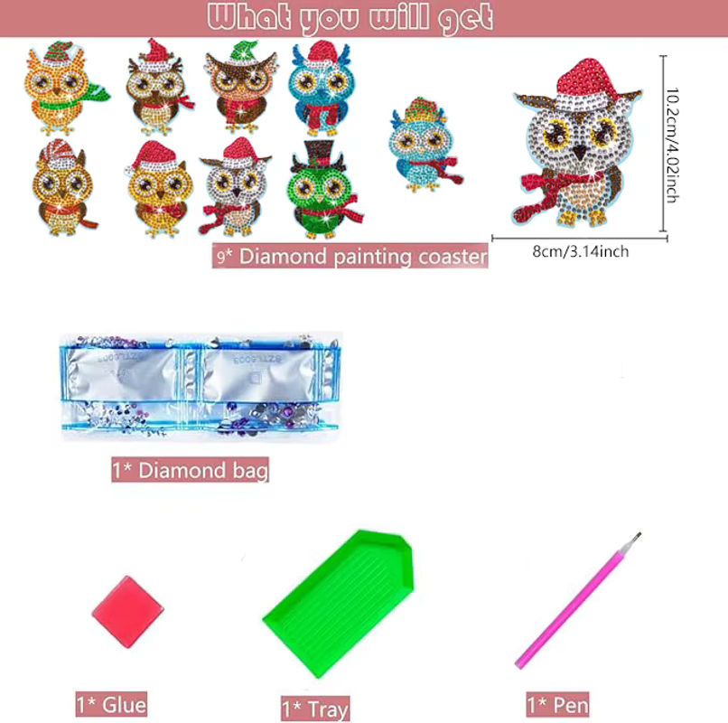 10-teiliges DIY-Diamant-Malerei-Kunstset mit Eulenmuster und Untersetzern in Mehrfarbig, unregelmäßige Form aus Kunststoff - Bild 2