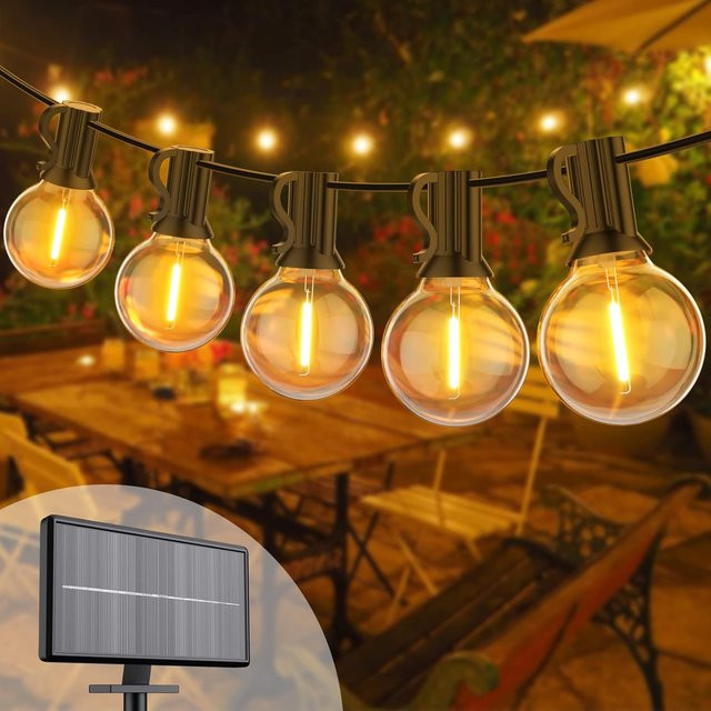 Solar-Lichterkette für Außenbereich und Terrasse mit 52 Glühbirnen, 17,7 m Länge, Warmweiß, Schwarz, mit Fernbedienung und USB-Anschluss, Wasserdicht - Bild 1