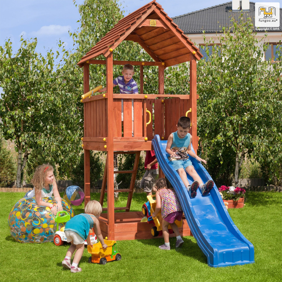 Fungoo Spielturm Joy Klettergerüst aus Teak mit Rutsche, Leiter, Holzdach und Fernrohr - Bild 2