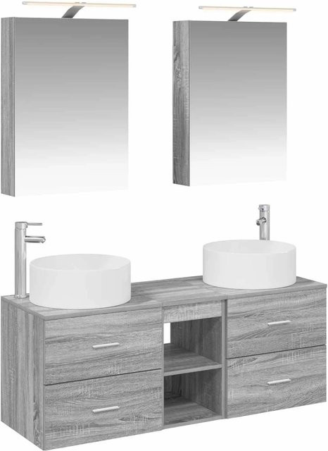 vidaXL Badezimmermöbel-Set 5-teilig in Grau, modern gestaltet aus Ingenieurholz und Glas mit LED-Beleuchtung und Spiegelschrank - Bild 1