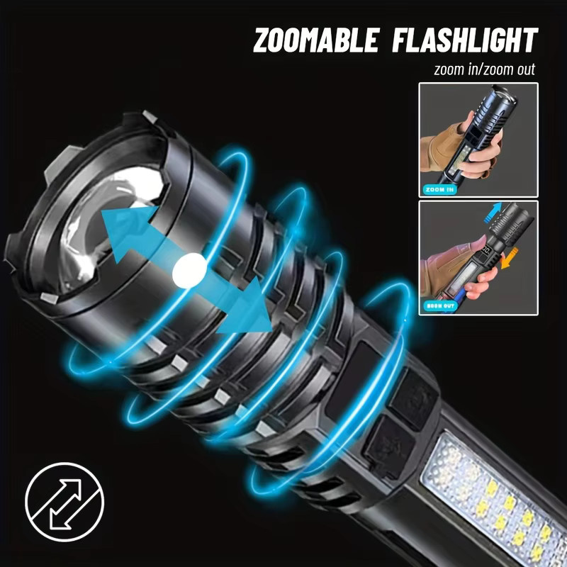 XIWANGFIRE COB-LED-Taschenlampe in Schwarz, USB wiederaufladbar, zoombar mit Seitenlicht, wasserdicht für Camping, Wandern und Notfälle - Bild 4