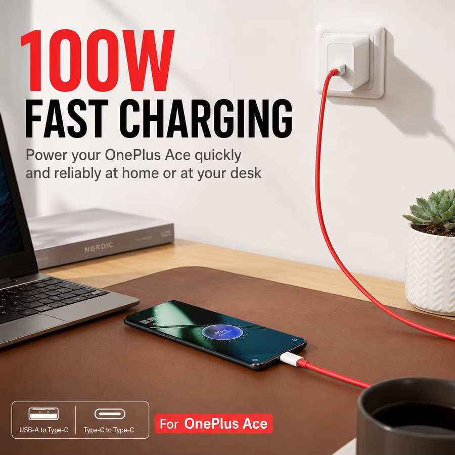 OnePlus 100W Typ-C Schnellladekabel Rot mit USB-A zu USB-C und USB-C zu USB-C Optionen für Datensynchronisation - Bild 3