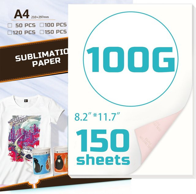 150 Blatt A4 Sublimationspapier weiß, 100g Universal Wärmeübertragungspapier für DIY Projekte auf T-Shirts, Kissen, Stoffen und Tassen - Bild 1