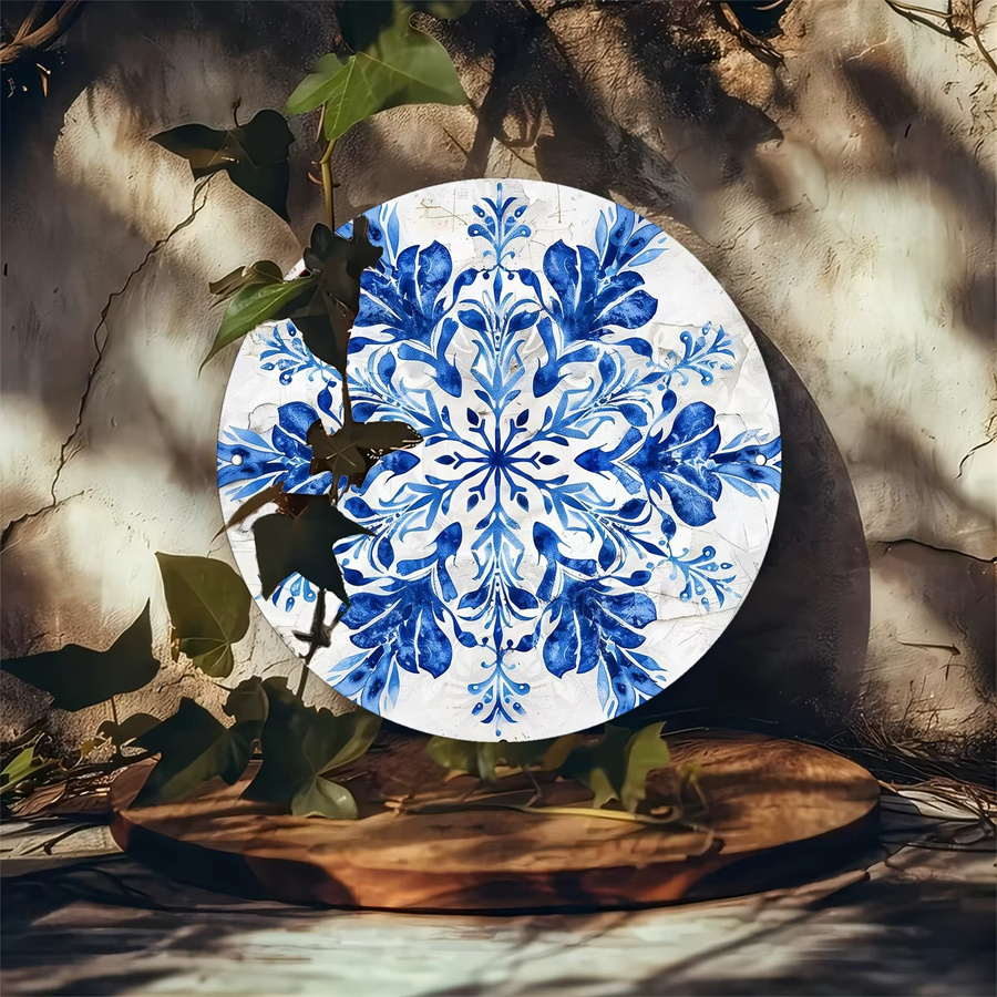 Potdemiel Vintage-Schneeflocken Aluminiumschild mit blauem und weißem Blumendesign, runde Wanddekoration für Outdoor und Zuhause, Durchmesser: 20,3 cm - Bild 5