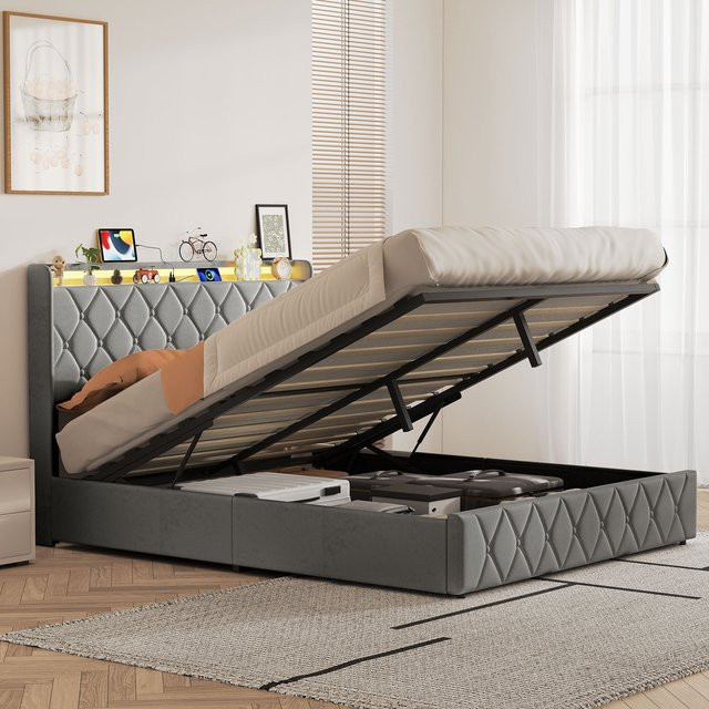Rosahqnda Doppelbett für Erwachsene aus Samtstoff mit LED-Kopfteil und hydraulischem Stauraum, dunkelgrau, B/T/H: 140 x 200 cm - Bild 1