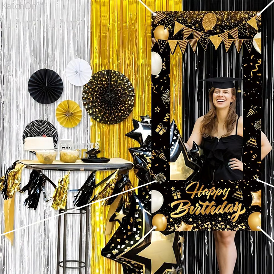 AFYPRTY Fotobox-Rahmen Happy Birthday in Schwarz-Gold, Rechteckiges Foto-Hintergrund-Banner aus Polyester für deine Geburtstagsparty, Breite: 120 cm, Höhe: 60 cm - Bild 6