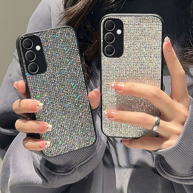 Luxuriöse Glitzer-Gitter-Lederhülle für Samsung Galaxy S25 S24 S23 S26 Plus FE Ultra A57 A16 A35 A55 Stoßfeste weiche Schutzhülle in Schwarz und Silber - Bild 1