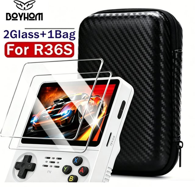 BOYHOM Aufbewahrungstasche und Displayschutzfolie für R36S Spielekonsole in Schwarz und Transparent - Bild 1