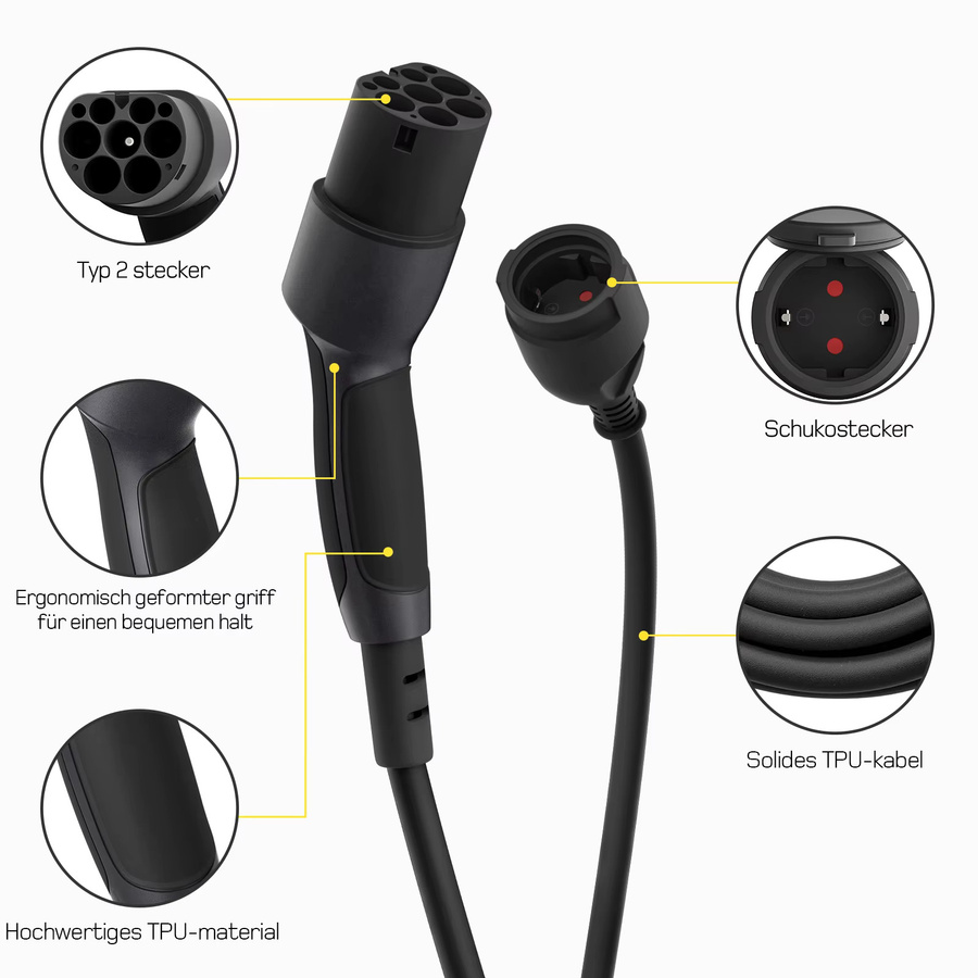 dé Typ 2 zu Schuko Adapter mit TPU-Kabel in Schwarz für Ladestationen - Bild 2