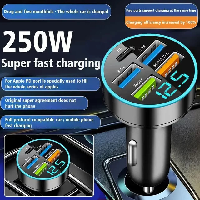 PD-Autoladegerät mit 250 W und QC3.0 Schnellladung, 5-Port USB-C Zigarettenanzünder-Stecker mit Digitalanzeige in Schwarz - Bild 1
