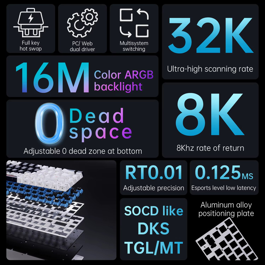 AJAZZ ALUX68 PLUS Aluminium Gaming-Tastatur mit Hall-Effekt Magnetischen Schaltern, Kabelgebunden, 8K Abtastrate, Schwarz/Multicolor - Bild 3