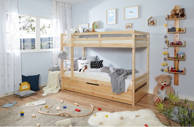 TiCAA Etagenbett Finn aus Kiefernholz in Natur mit Zusatzbett für Kinder - Bild 1