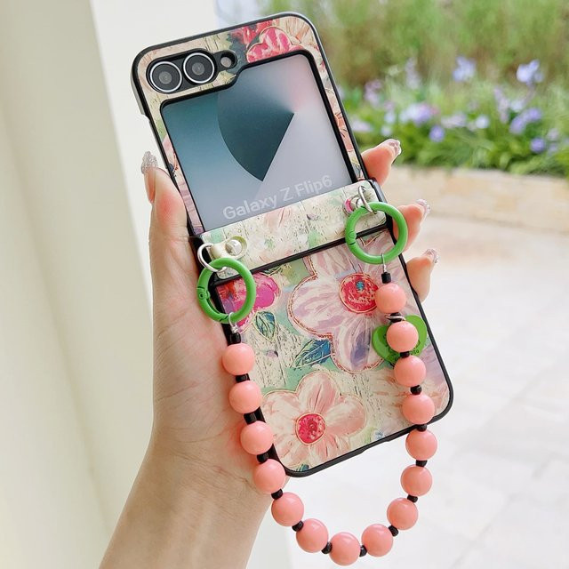 Blumen PU Lederhülle mit Scharnierschutz und Handgelenk-Kettenarmband für Samsung Galaxy Z Flip 6 5 4 3 in Grau - Bild 1