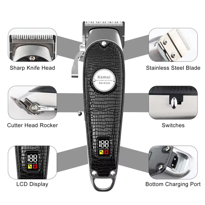 Kemei KM-K52s Professioneller USB-LCD-Haarschneider in Schwarz mit Hochgeschwindigkeitsmotor und kabelloser Funktion - Bild 3