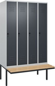 C+P Spind Classic PLUS Garderobenschrank mit Sitzbank, 4 Abteile, B/T/H: 212 x 120 x 81,5 cm, Sicherheits-Drehriegel, 4 Garderobenhaken, Trennwand mittig, Sitzbanktyp auskragend, Buche-Hartholz und Stahl - Bild 1