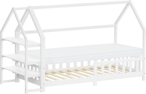 ML-Design Kinderhaus Bett aus Kiefernholz mit Matratze und Regalen in Weiß, B/T/H: 90 x 200 x 140 cm - Bild 1