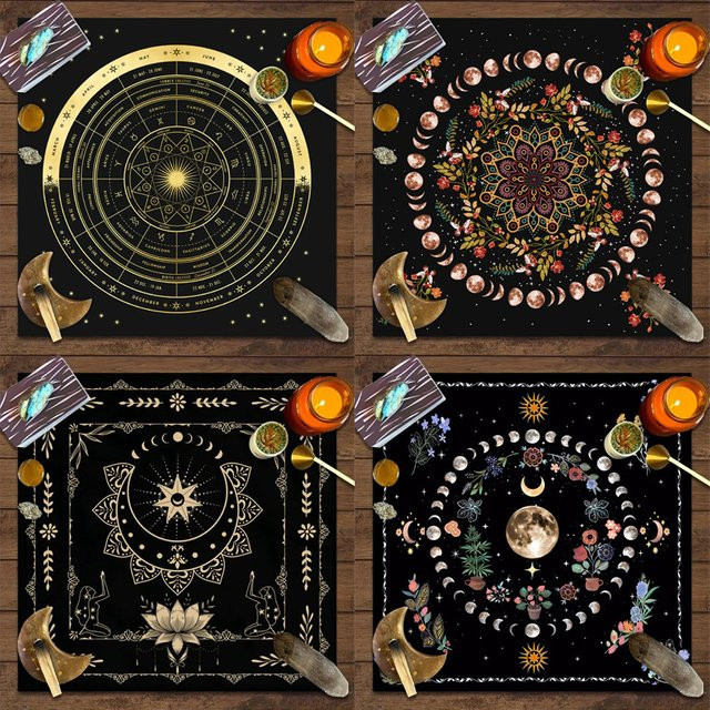 VIKAMA Altartuch mit Mandala Blumen-Mondphasen-Design im Boho-Stil als Tischmatte für Tarotkarten und Wahrsagerei - Bild 1