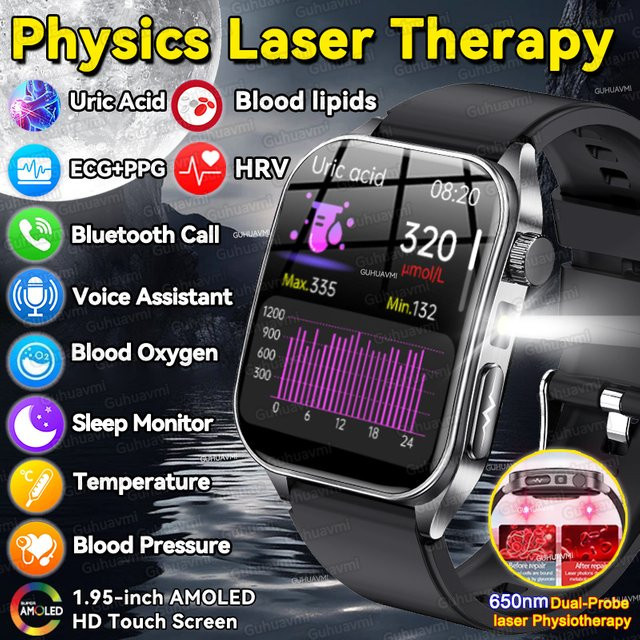 GUHUAVMI Smartwatch mit 650nm Lasertherapie, HD-Diagnose, EKG, PPG, Blutdruck, Lipid-Messung und Herzfrequenz in Blau oder Schwarz - Bild 1