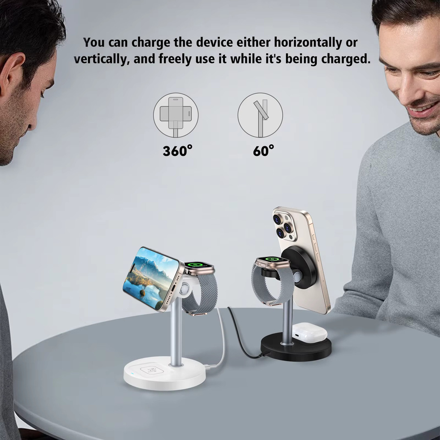 VEERNOO 3-in-1 Magnetisches Kabelloses Ladegerät in Weiß, 15 W Schneller Ladeständer für iPhone 12–16-Serie, iWatch und AirPods mit einstellbarem Winkel - Bild 5