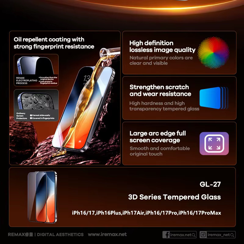 REMAX 3D HD Displayschutz aus gehärtetem Glas für iPhone 18 Pro, 18 Pro Max, iPhone 17, 17 Pro, 17 Pro Max und iPhone 16 Serie in Transparent - Bild 3