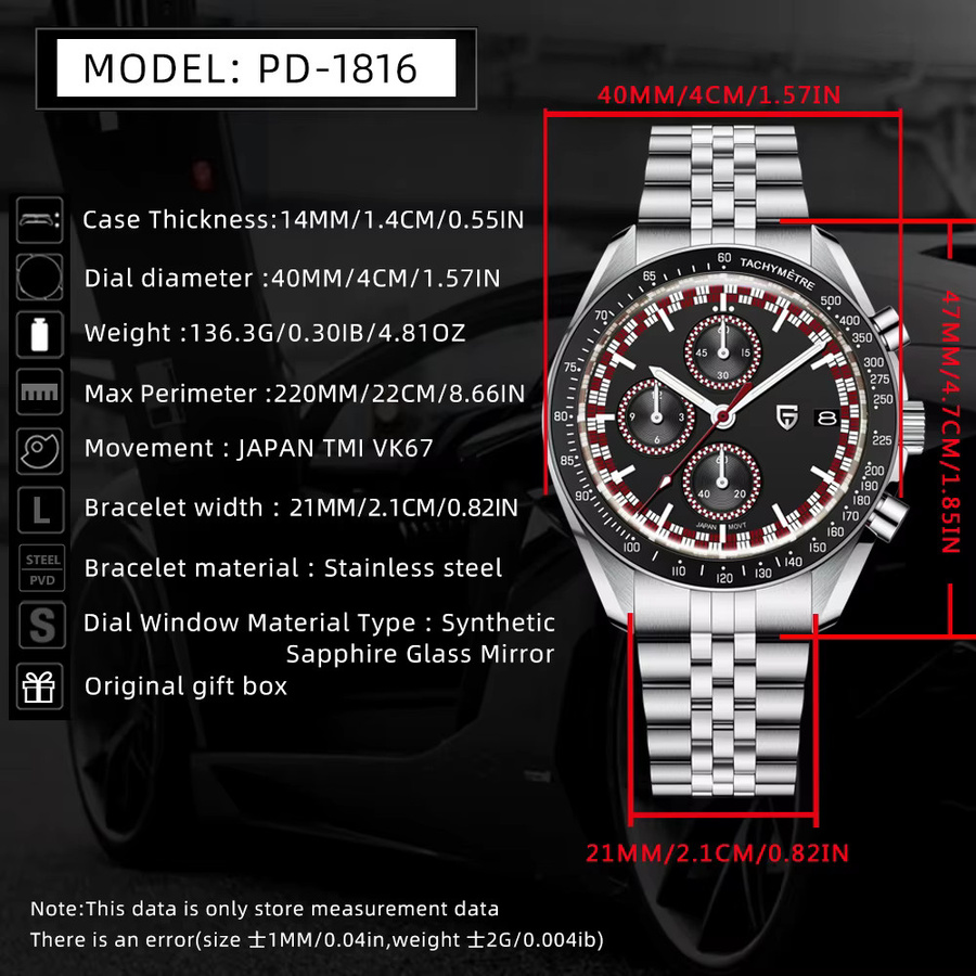 PAGANI DESIGN Chronograph Armbanduhr, Quarz, Edelstahl, Schwarz, Herren - Bild 6