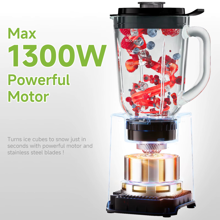 BioloMix 3-in-1 Smoothie-Mixer mit 1300W, persönlicher Mixer und Zerkleinerer mit Edelstahlklingen in Weiß und Silber - Bild 2