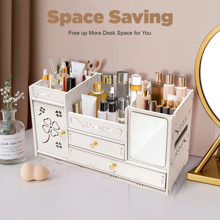 Bymaocar Kosmetik-Aufbewahrungsbox in Weiß mit Holzoptik, PVC-Organizer mit Spiegel und Schublade, B/T/H: 45 x 19 x 27 cm - Bild 2