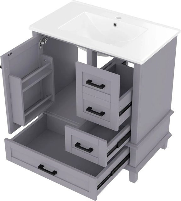 PXloue Badezimmerschrank mit Waschbecken aus Keramik in Grau, freistehend mit Schubladen und Türregal, B/T/H: 83,5 x 46,0 x 76,0 cm - Bild 1