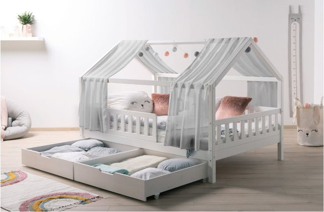 TiCAA Kinderbett Hausbett Kim aus Kiefer Massivholz mit Tüll, Schubkasten und Rausfallschutz, Montessori Bett Weiß - Bild 1