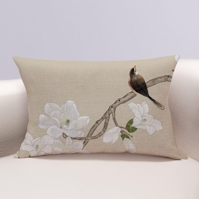 Rechteckiger Kissenbezug von WTEMPO mit Blumen- und Vogelmotiven aus Baumwolle und Hanf, Farbe: Grau/Beige, B/H: 60 x 40 cm - Bild 1