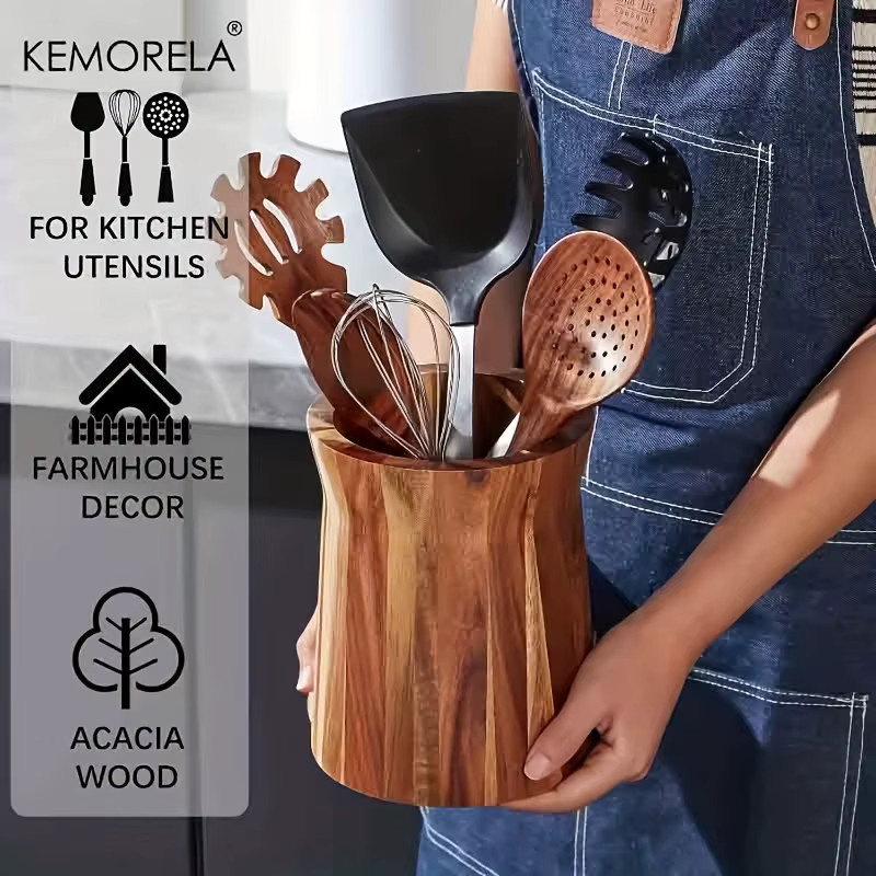 KEMORELA 360-Grad drehbarer Utensilienhalter aus Holz in Braun – Platzsparender Arbeitsplatten-Organizer für Löffel, Spatel und Schöpfkellen - Bild 2